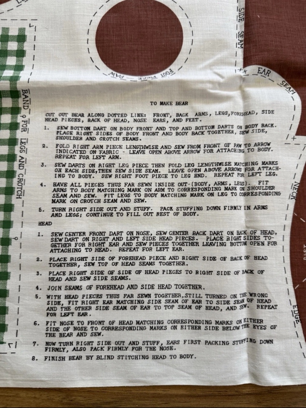 Vintage 1970s Cut & Sew Teddy Bear Toy Pillow Cotton w/Directions Handmade - Picture 9 of 9